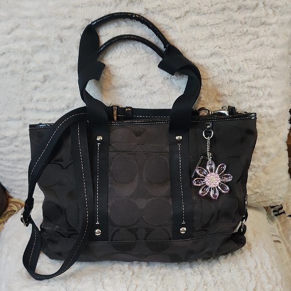 Coach Handbags - Coach Black Tote with Pink Coach Floral Charm